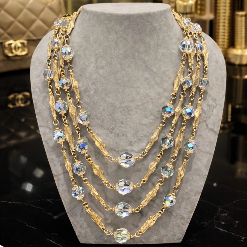 VENDOME 1950s/1960s Vintage Graduated 4-Strand Gold and AB Crystal Necklace